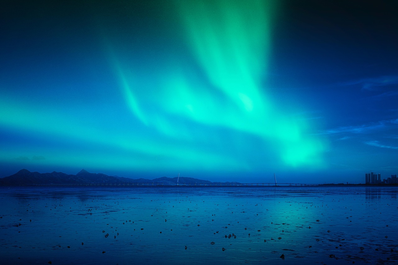 sea, night, sky, northern lights, night sky, sea bridge, skyline, shenzhen bay, dreamy, nature, photoshop, post-producti