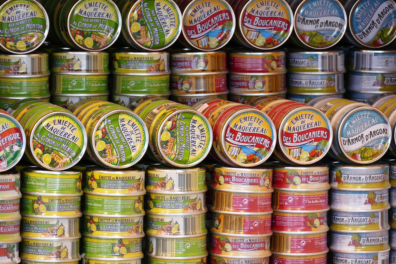canned goods, cans, canned food, finished products, meal, tin can, fish, can, shelf, food, nature, supermarket, sardines