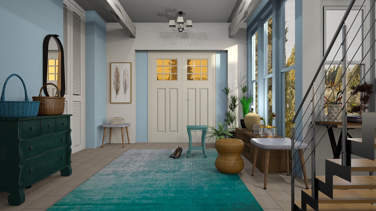 vestibule, hall, door, carpet, blue, staircase, mirror, interior, chest of drawers, chandelier, hall, carpet, carpet, ca