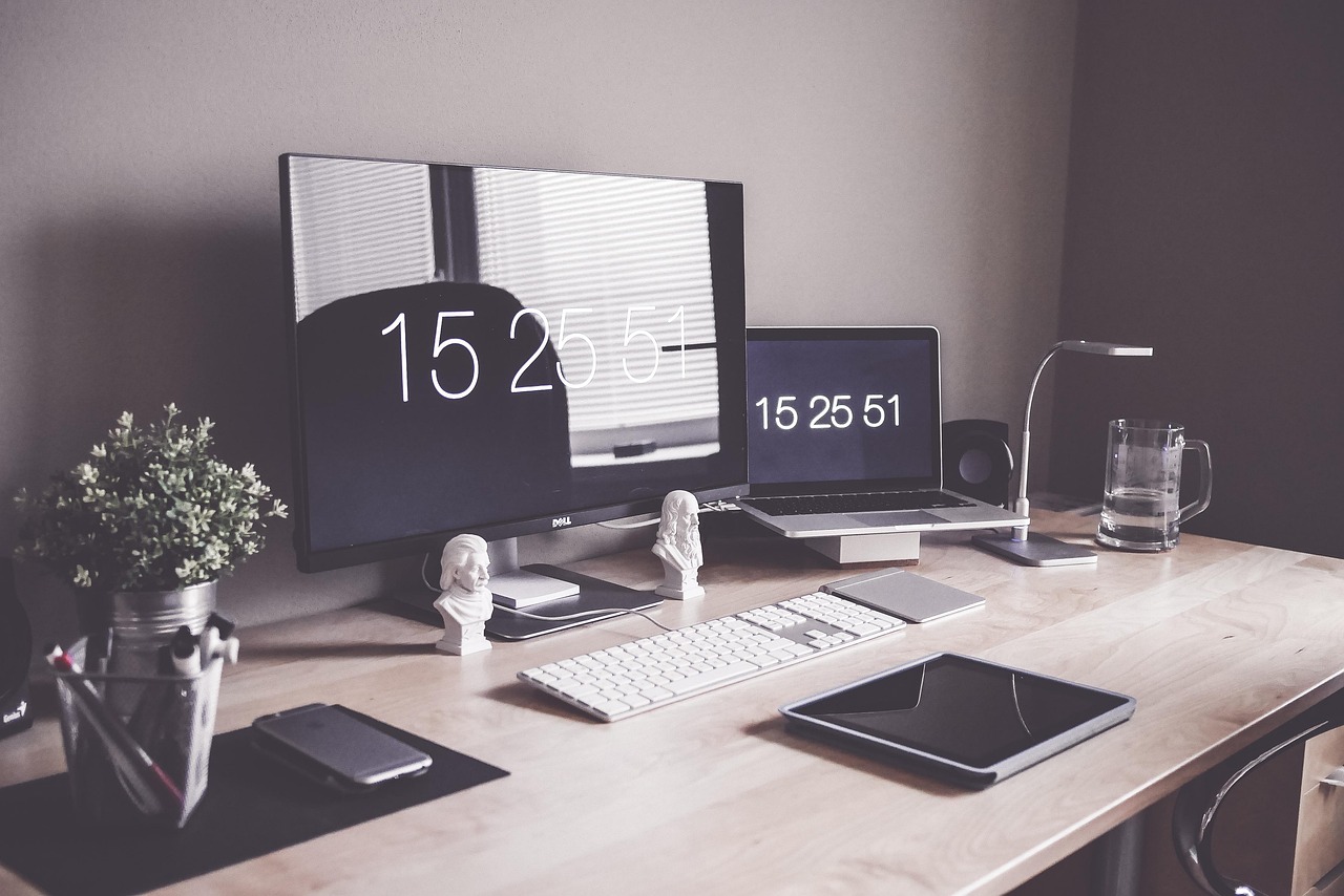 home office, computer, desk, display, iphone, keyboard, laptop, luxury, macbook, modern, organized, table, tablet, techn